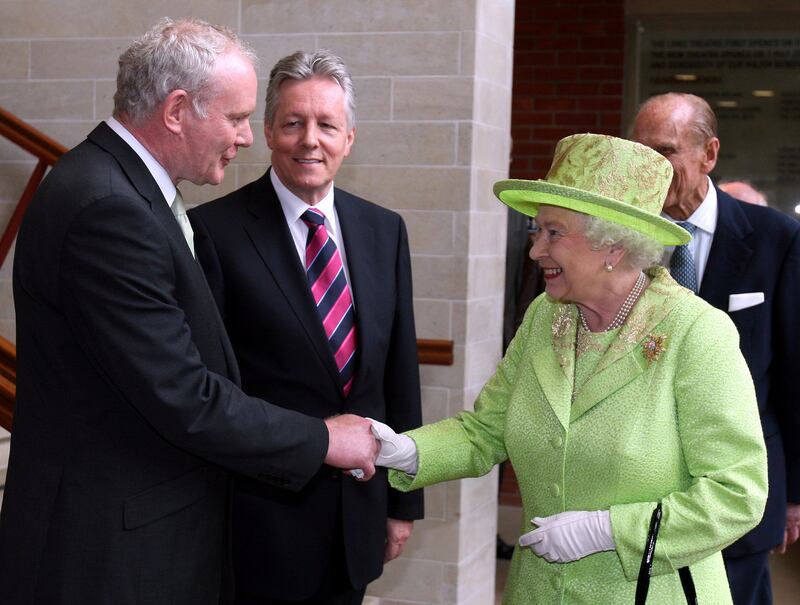 Handshake: Martin McGuinness and Queen Elizabeth greet one another in 2012.  Photograph: Paul Faith/WPA Pool/Getty