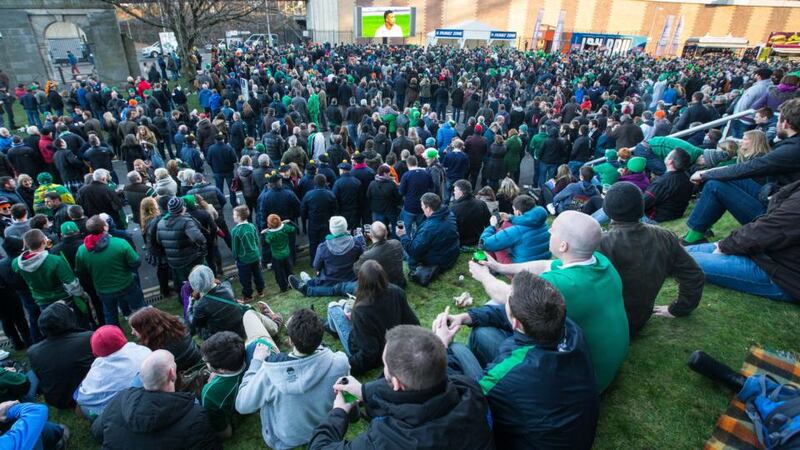 A crowd gathers outside Murrayfield to watch the England v France match on the big screen. Photograph: Cathal Noonan/Inpho