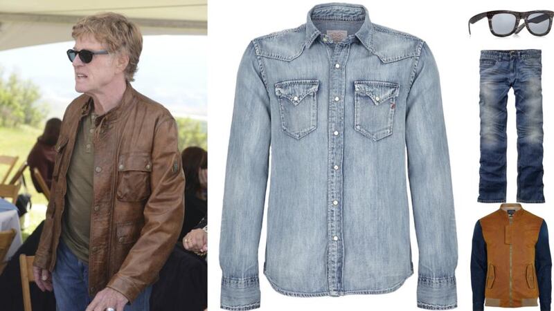 ROBERT REDFORD: light denim shirt, €120 by Replay at Arnotts; black wood-framed sunglasses, €21 at Topman (£14 on topman.com); blue denim jeans, €63 at Timberland (timberlandireland.ie); brown bomber jacket with contrast sleeves, €110 at River Island.