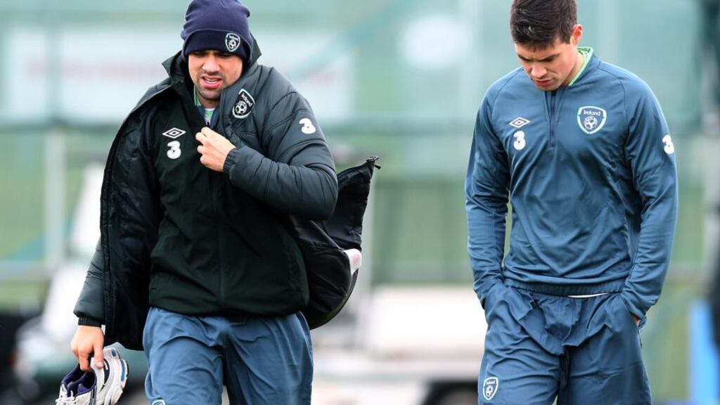 Jonathan Walters and Darren O’Dea at training in Malahide on Monday. Photograph: Donall Farmer/Inpho