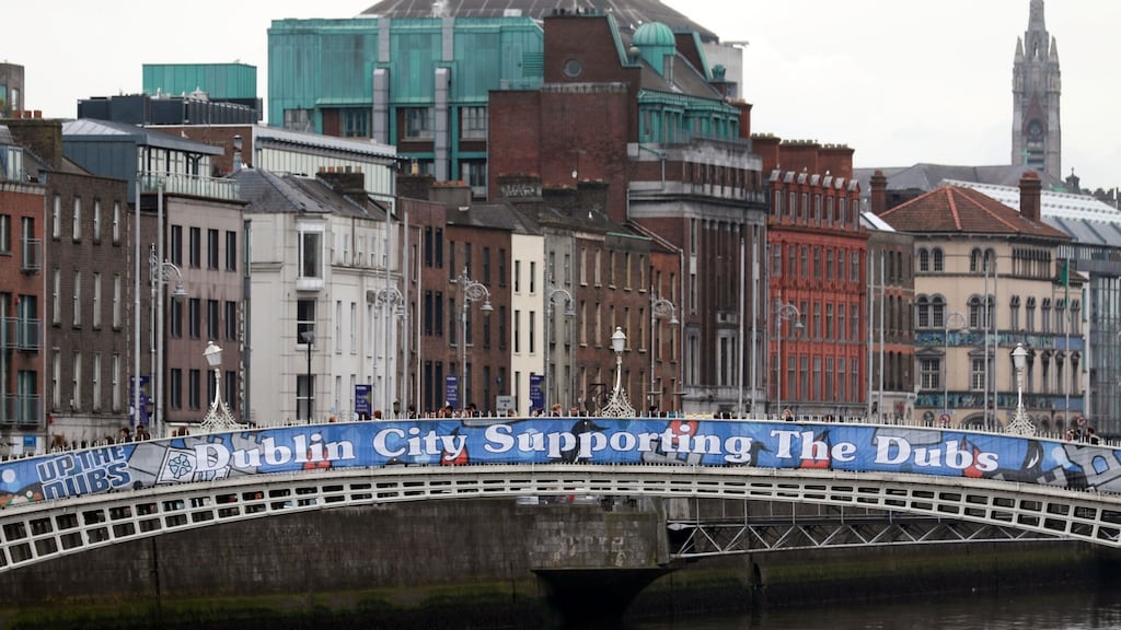 Dublin City Council’s banner on the Ha’penny Bridge in Dublin. Photograph Nick Bradshaw