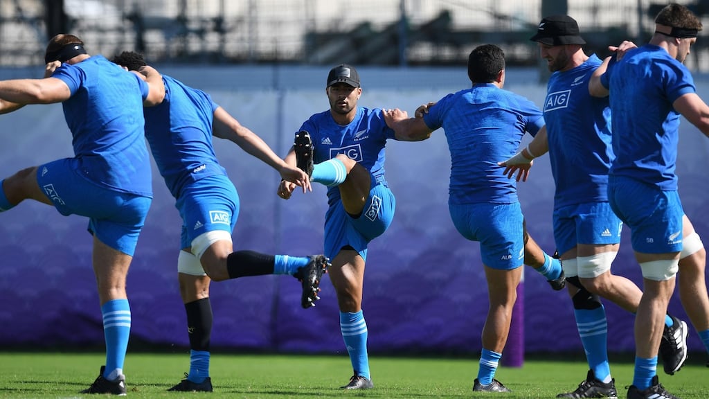 New Zealand’s Richie Mo’unga and teamates take part in a training session in Koto on Tuesday. Photograph: Getty Images