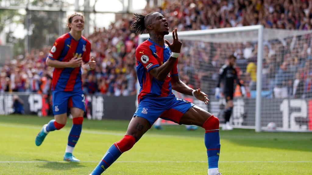 Crystal Palace’s Wilfried Zaha celebrates scoring his side’s goal during the Premier League match against Manchester United at Selhurst Park. Photograph: Steven Paston/PA Wire