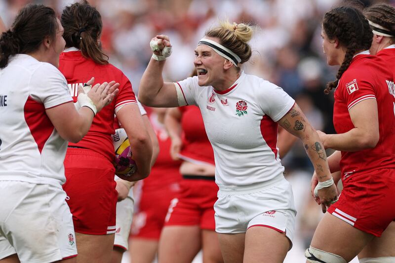 England centre Megan Jones reacts to a penalty. Photograph: Adrian Dennis/AFP via Getty Images