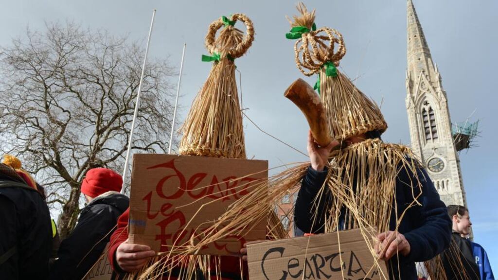 Lá Mór na Gaeilge in Dublin in February. These young people might not have known it, but they were following in the footsteps of an earlier group of protesters for Irish-language rights. Photograph: Dara Mac Dónaill