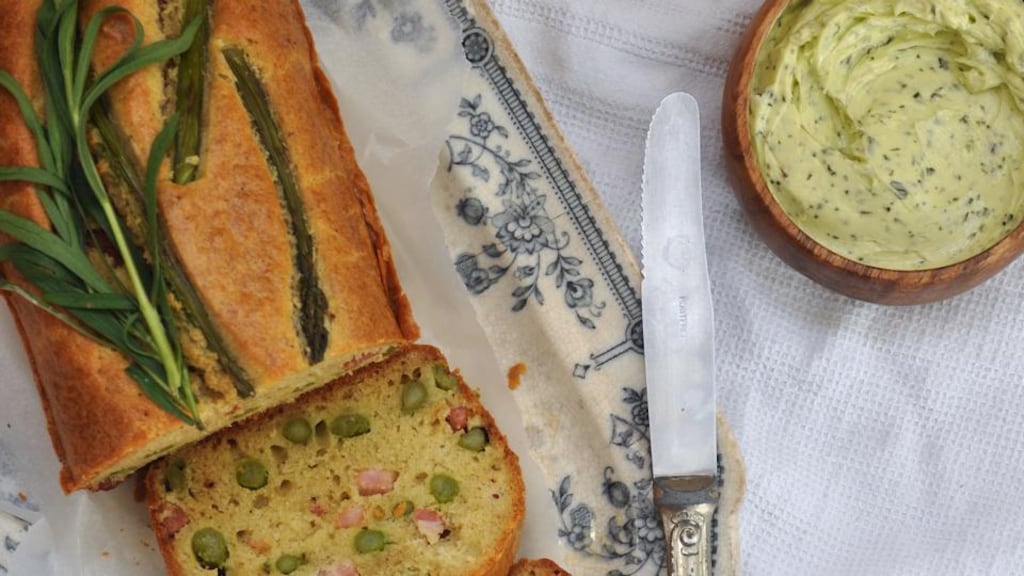 Asparagus and pancetta cake with tarragon whipped butter