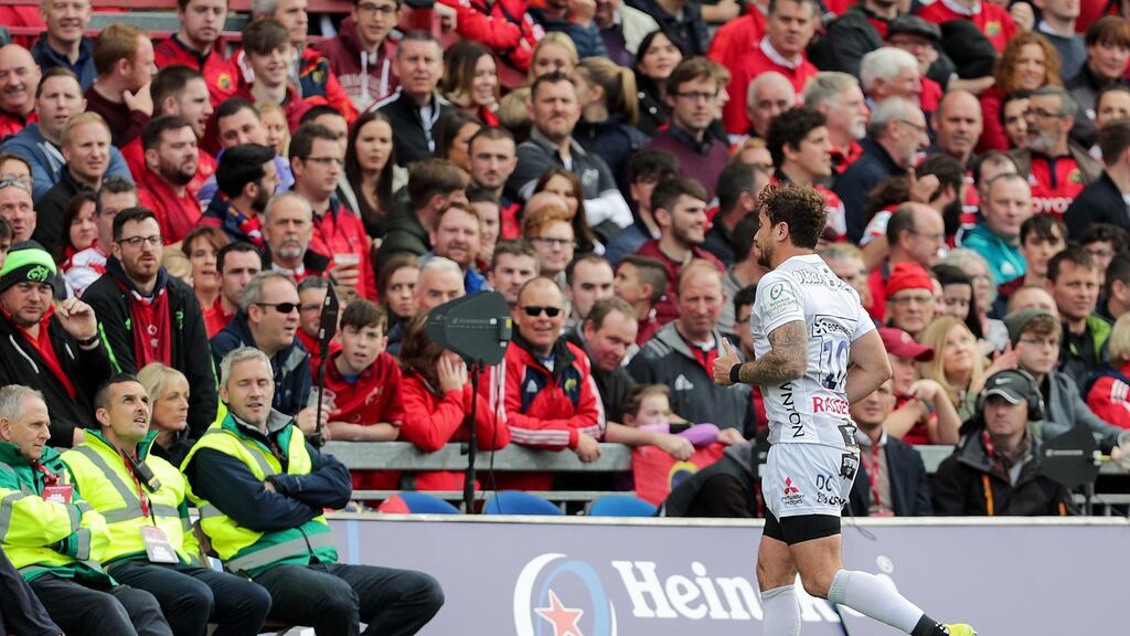 Gloucester’s Danny Cipriani leaves the field after receiving a red card against Munster. Photograph: Laszlo Geczo/Inpho