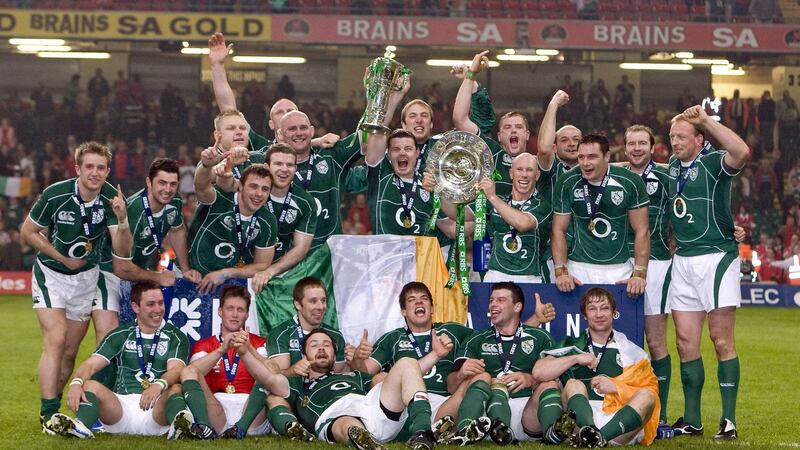 The Ireland team celebrate at the Millennium Stadium after their Grand Slam win in Cardiff. Photograph: Morgan Treacy/Inpho