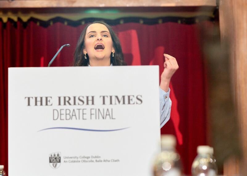 Ceara Tonna-Barthet of King's Inns speaking at the Irish Times Debate which took place at UCD. Photograph: John T Ohle