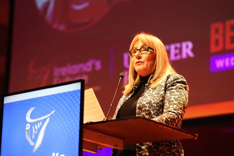 Senator Frances Black, chairwoman of Ireland's Future, speaks at the Ulster Hall in Belfast. Photograph: Liam McBurney/PA