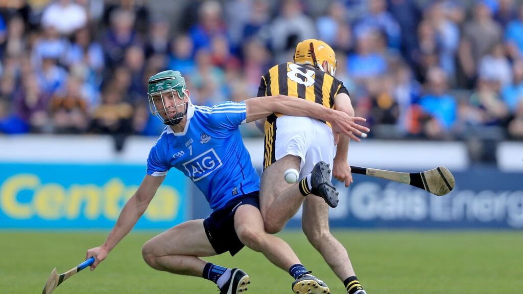 Dublin’s Chris Crummey with Richie Leahy of Kilkenny in the Leinster SHC Round 1 match at Parnell Park last Sunday. Photograph: Donall Farmer/Inpho