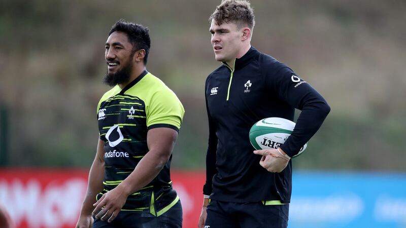 Bundee Aki and Garry Ringrose train ahead of Ireland’s clash with Italy. Photograph: Dan Sheridan/Inpho