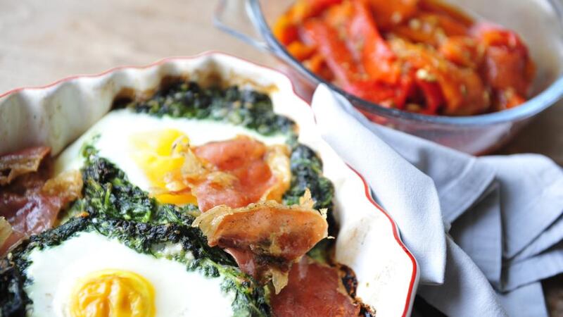 Lazy egga florentine with smoked peppers. Photograph: Aidan Crawley