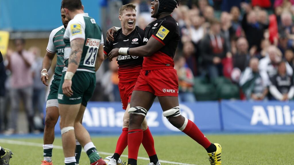 Saracens’ Chris Ashton celebrates scoring their fifth try during the Aviva Premiership semi-final at Allianz Park. Photograph:PA
