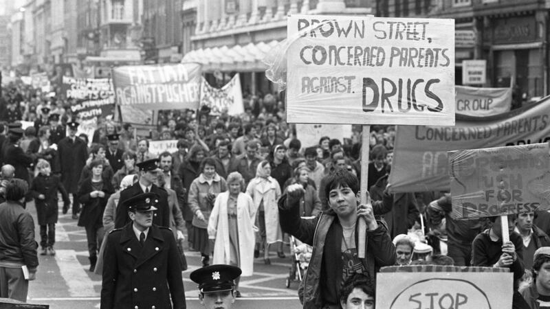 Concerned Parents against drug pushers march along O Connell St in Dublin to Government buildings to hand in a letter outlining their objectives, 29/02/1984 (Part of the Independent Newspapers Ireland/NLI Collection). (Photo by Independent News and Media/Getty Images)