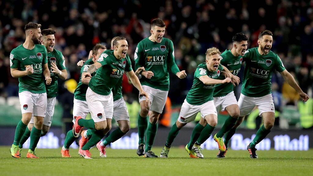 Cork City players celebrate Kieran Sadlier kicking the winning penalty during last year’s FAI Cup final against Dundalk.  Photo: Ryan Byrne/Inpho