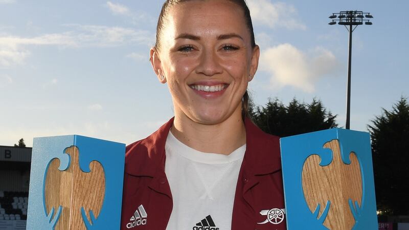 Ireland and Arsenal player Katie McCabe with her WSL Player of the Month Award and her WSL Goal of the Month Award. Photograph: David Price/Arsenal FC via Getty Images
