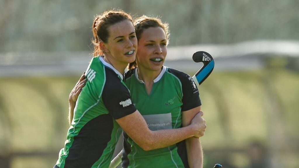 Emma Smyth and Cliodhna Sargent celebrate their side’s first goal against Lithuania in the UDG Healthcare World League Round Two. Photograph: Matt Browne/Sportsfile