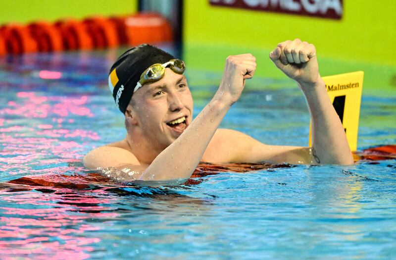 Daniel Wiffen of Ireland celebrates his victory at the end of the men's 800m Freestyle of the European Short Course Swimming Championships in Otopeni on December 10th, 2023. Photograph: Getty