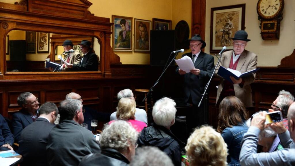 Val O’Donnell and Jim Butler perform during Myles Day, a celebration of the life and works of Flann O’Brien in the Palace Bar, Fleet Street, Dublin, yesterday. Photograph; Dara Mac Dónaill