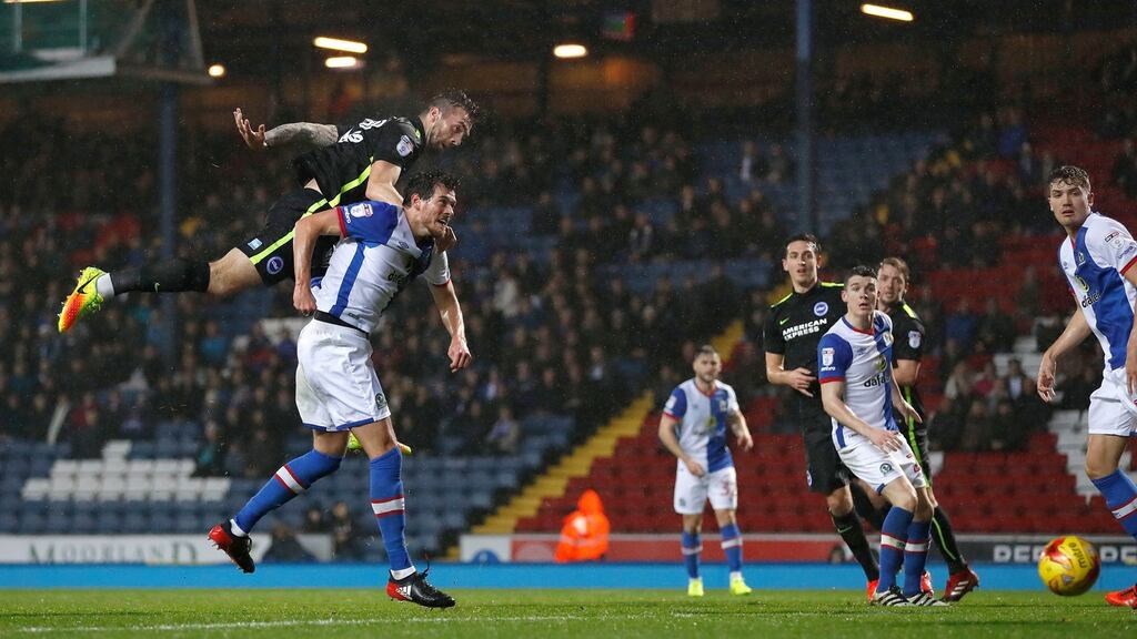 Brighton and Hove Albion’s Shane Duffy scores his teams first goal against Blackburn Rovers, during the Sky Bet Championship match at Ewood Park, Blackburn. Photo: Martin Rickett/PA Wire