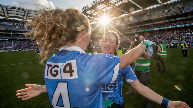 Dublin’s Rachel Ruddy and Lyndsey Davey celebrate Dublin’s win over Mayo at Croke Park. Photograph: Morgan Treacy/Inpho