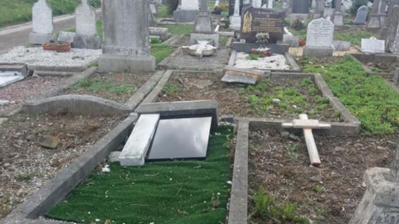 Vandalised headstone at Bluebell Cemetery, Dublin. Photograph: Rachel Mangan/Facebook
