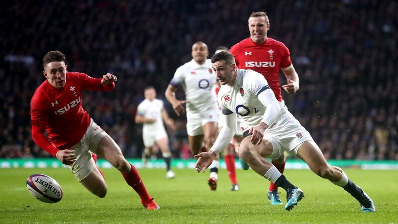 Jonny May scores England’s opening try against Wales. Photograph: Adam Davy/PA