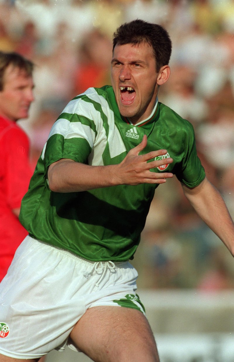 Republic of Ireland vs Albania
Tony Cascarino celebrates scoring the winner. Photograph: Billy Stickland/Inpho