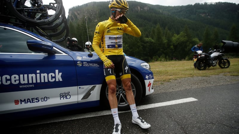Julian Alaphilippe reacts after the race was stopped during the 19th stage of the of the Tour de France between Saint Jean de Maurienne and Tignes. The French rider lost his yellow jersey to Colombia’s Egan Bernal. Photograph: Yoan Valat/EPA