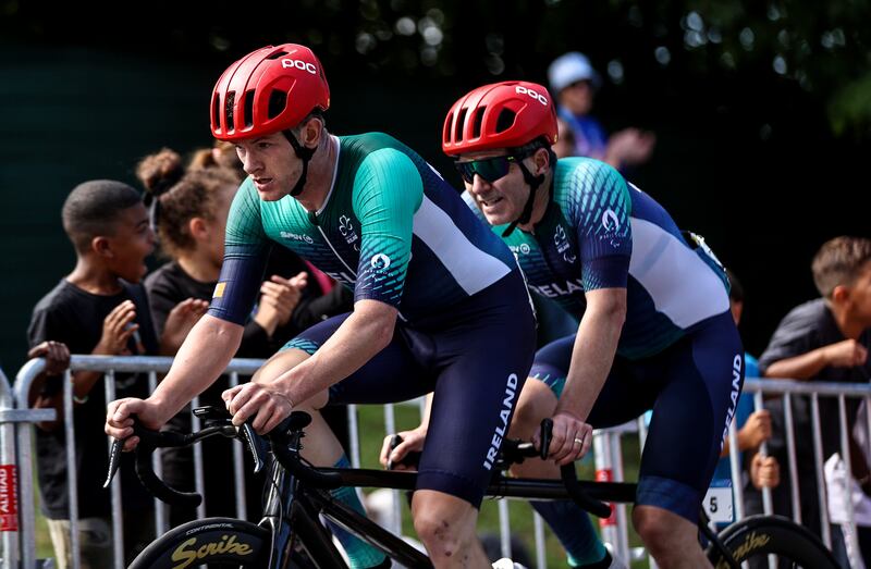 Damien Vereker and pilot Mitchell McLaughlin during the Para cycling road race at Clichy-sous-bois, Paris. Photograph: Tom Maher/Inpho