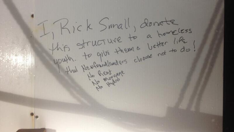 Rescuers found no people but a note saying “I, Rick Small, donate this structure to a homeless youth to give them a better life that Newfoundlanders choose not to do! No rent, no mortgage, no hydro.”  Photograph: Ballyglass Coast Guard Unit/PA Wire