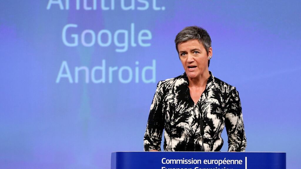 European competition commissioner Margrethe Vestager addresses a news conference in Brussels. She is concerned Google may be stifling smaller app makers and service providers. Photograph: Francois Lenoir/Reuters