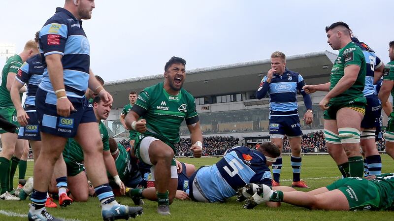 Connacht’s Bundee Aki celebrates after Gavin Thornbury scored their second try during the Guinness Pro 14 game against Cardiff Blues at the  Sportsground. Photograph: James Crombie/Inpho