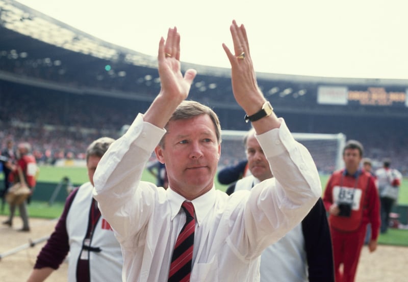 Alex Ferguson applauds fans after the 1990 FA Cup Final between Manchester United and Crystal Palace at Wembley. Photograph: Rusty Cheyne/Allsport/Getty Images/Hulton Archive