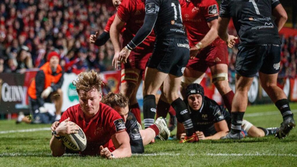 Munster’s Chris Cloete scores thier third try. Photograph: James Crombie/Inpho