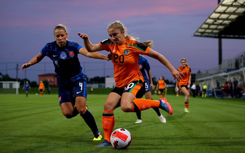 Ellen Molloy of Ireland playing against Slovakia’s Andrea Horvathova. Photograph: Ryan Byrne/Inpho