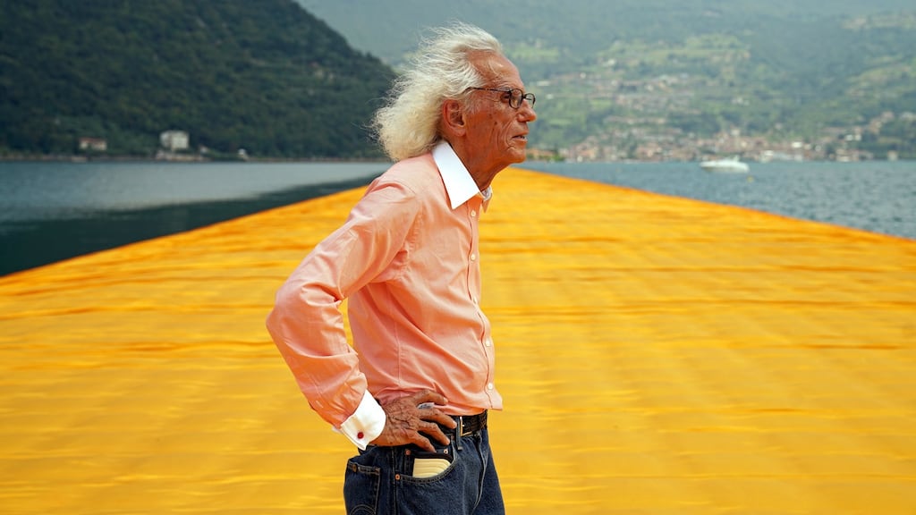 Christo and Jeanne-Claude: the artist at The Floating Piers, on Lake Iseo, in Italy, in 2016. Photograph: Wolfgang Volz