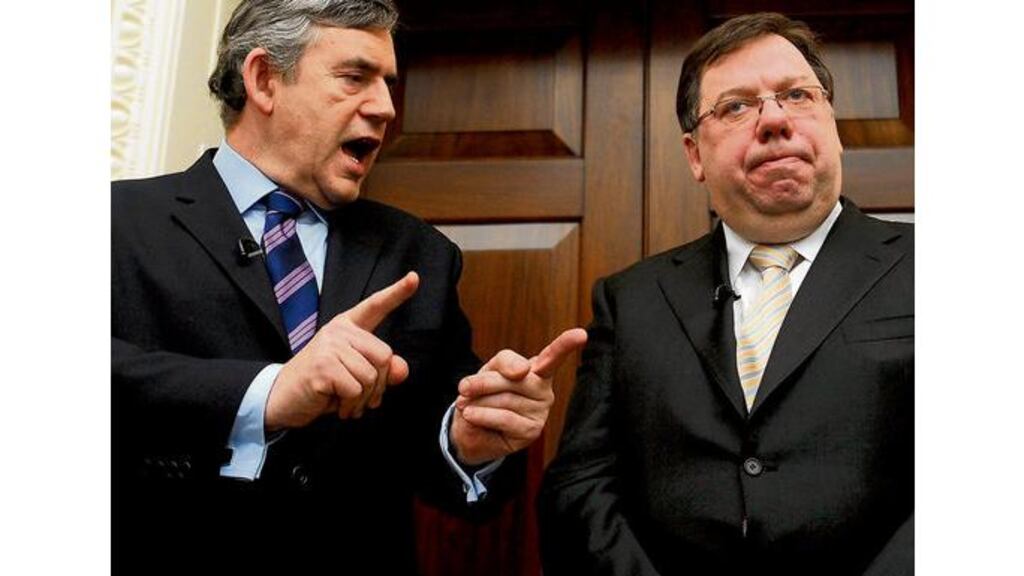 British prime minister Gordon Brown speaking to media with Taoiseach Brian Cowen at Hillsborough. Photograph: Charles McQuillan/Reuters