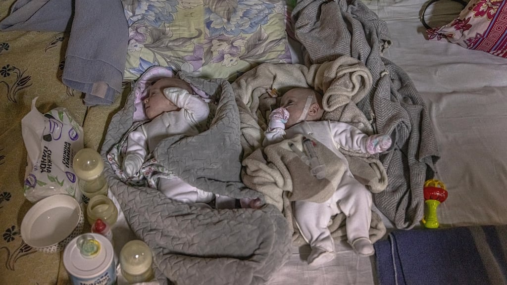 Premature babies Sophia and Diana in the basement of Ohmadyt children’s hospital which is used as a shelter for protection against Russian airstrikes in Kyiv, Ukraine. Photograph: Roman Pilipey/EPA