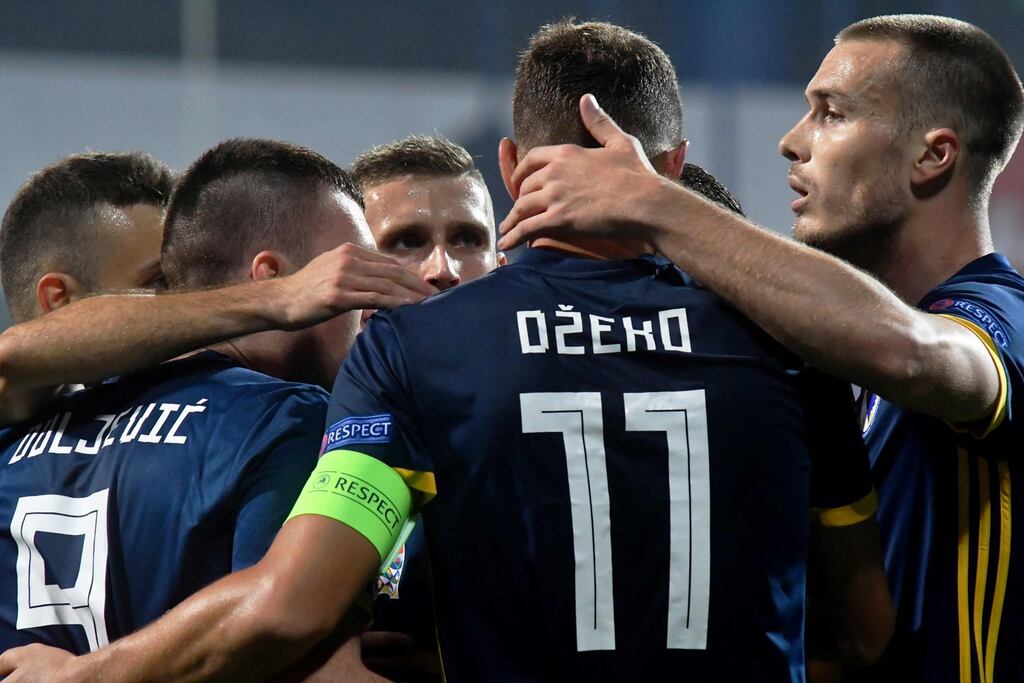 Bosnia and Herzegovina’s forward Edin Dzeko celebrates scoring against Northern Ireland. Photograph: Getty Images