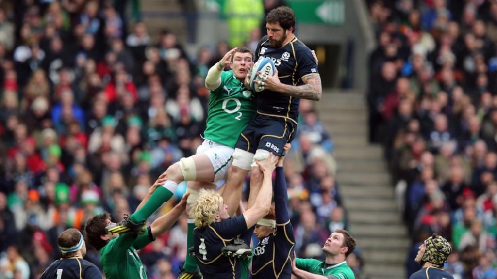 RBS Six Nations Championship 24/2/2013Scotland vs Ireland
Ireland’s Peter O’Mahony battles with Jim Hamilton of Scotland during last year’s Six Nations encounter at Murrayfield. Photograph: Dan Sheridan/Inpho
RBS Six Nations Championship 24/2/2013Scotland vs IrelandIreland’s Peter O’Mahony with Jim Hamilton of Scotland Mandatory Credit ©INPHO/Dan Sheridan