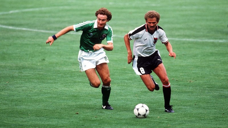 Martin O’Neill in action for Northern Ireland against Austria during the 1982 World Cup. Photo: Mark Leech/Getty Images