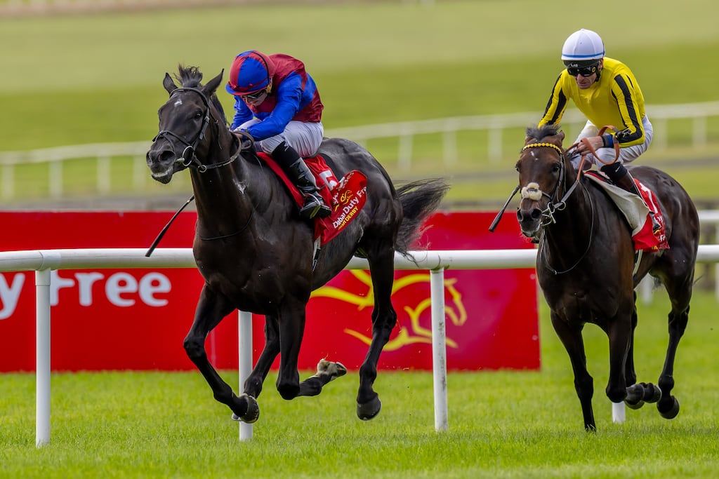 Ryan Moore winning the Irish Derby on Los Angeles last year. Photograph: Morgan Treacy/Inpho