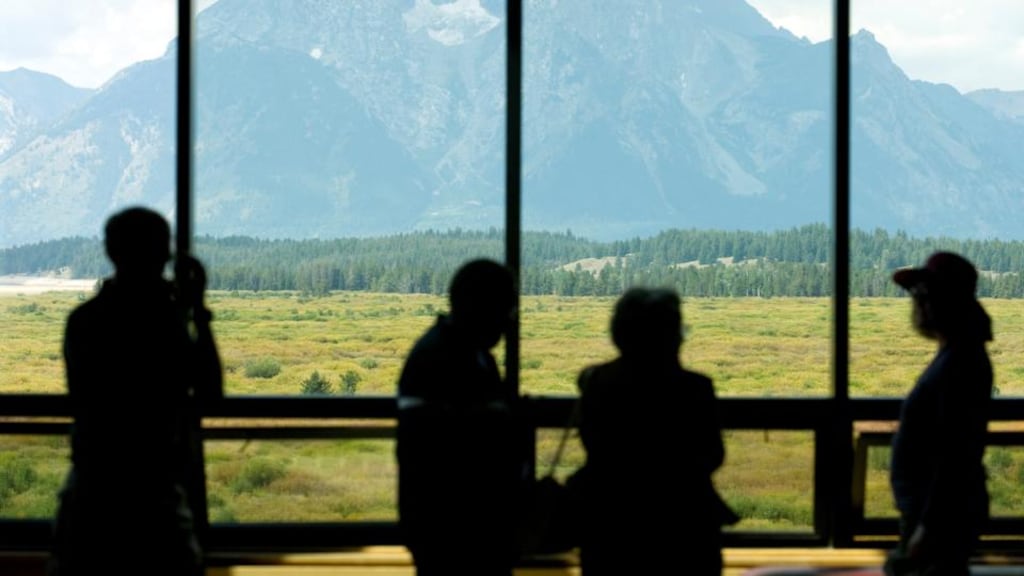 Mount Moran in Grand Teton National Park is seen through a window at the Jackson Hole economic symposium, sponsored by the Kansas city Federal Reserve Bank at the Jackson Lake Lodge in Moran, Wyoming. Photograph: Price Chambers/Bloomberg