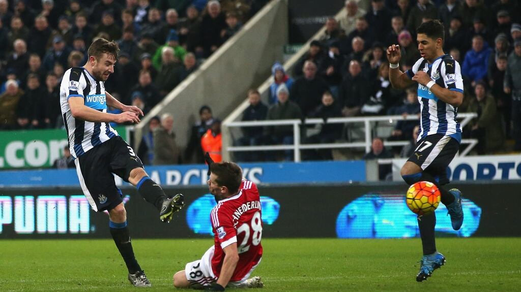 Newcastle United left back Paul Dummett scores the late equaliser in the Premier League game against Manchester United at St James’ Park. Photograph: Ian MacNicol/Getty Images