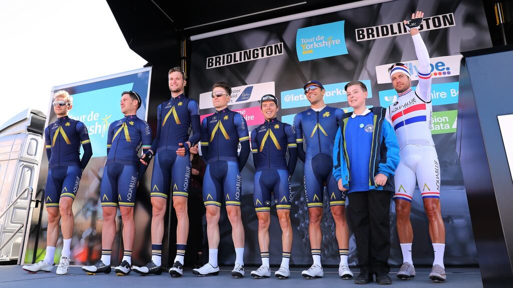 Acqua Blue Sport’s Adam Blythe, Matthew Brammeier, Mark Christian, Conor Dunne, Andreew Fenn, Daniel Pearsons and Larry Warbasse. Photograph: KT/Tim de Waele/Corbis via Getty Cycling