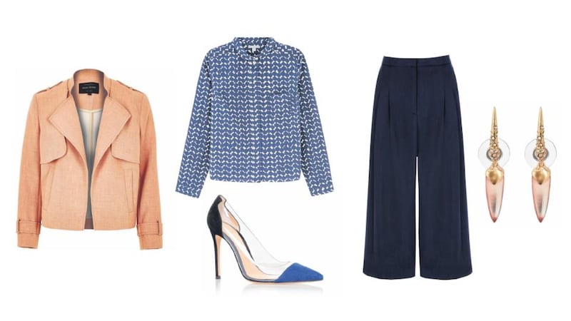 THE SPONSOR: Alexis Bitter earrings, €179; Cos blouse, €55; River Island jacket, €87; Next trousers, €50; and Gianvito Rossi shoes, €560 from Brown Thomas