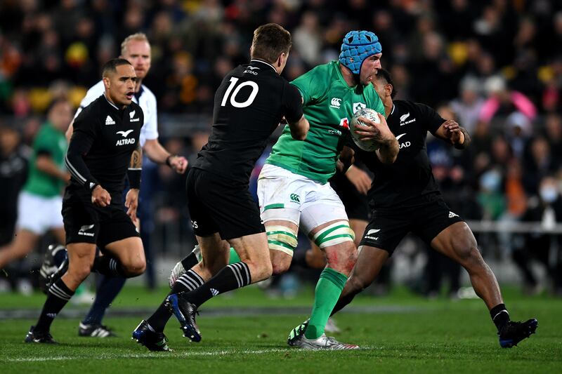 Tadhg Beirne of Ireland charges forward during the International Test match against New Zealand. Photograph by Joe Allison/Getty