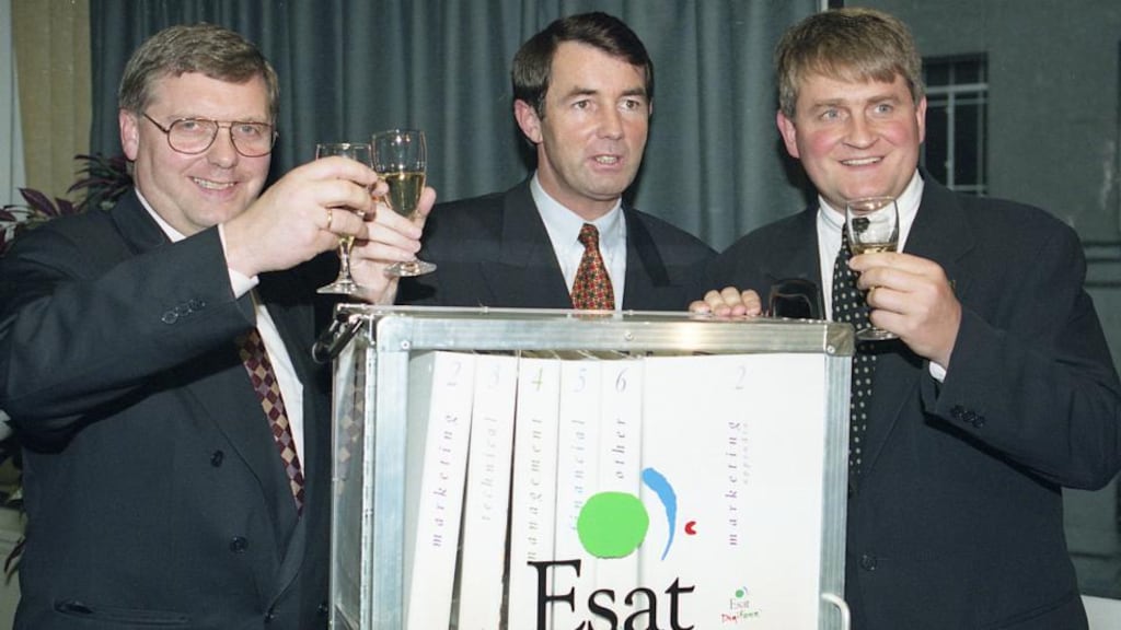 The case relates to the awarding of the second mobile phone license to Esat Digifone. Photographed at the time of the winning bid are the then Minister for Communications, Mr Michael Lowry (centre) with Kare Gustad (left) chief executive of Telenor Mobile and Mr Denis O’Brien, chairman of Esat Digifone. Photograph: Eric Luke